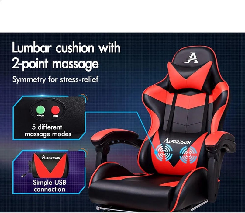 Gaming Chair with Massage and Footrest, Height Adjustable Racing Chair with SGS Listed Gas-Lift, Max 180kg