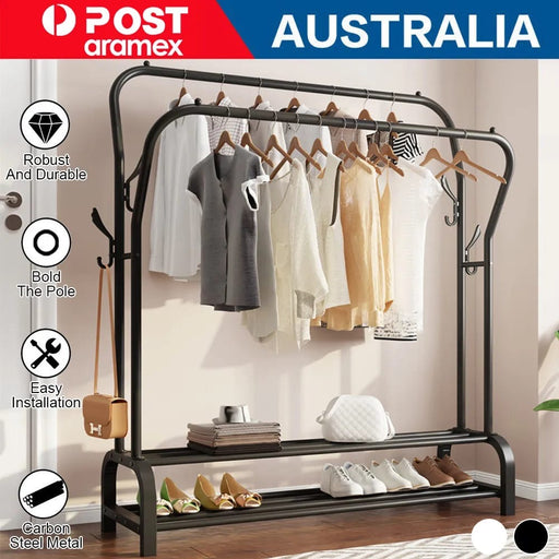 Heavy Duty Metal Double Clothes Rail Rack Garment Hanging Shoe Storage Shelf Black & White