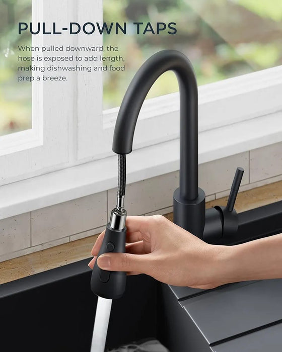 Kitchen Sink Taps Mixer with Pull Out Spray, Swivel Single Handle High Arc Pull Down Stainless Steel Kitchen Tap, Matte Black