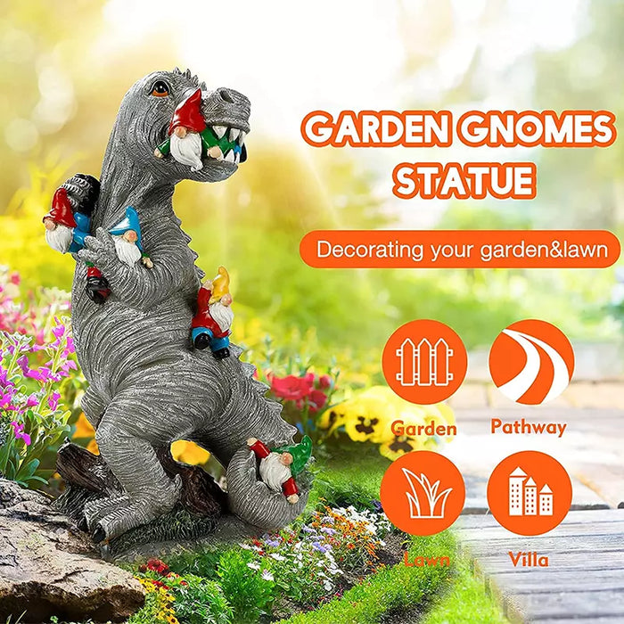 Garden Statue Dinosaur Eating Gnomes Ornament Patio Indoor Outdoor Decor 6inch