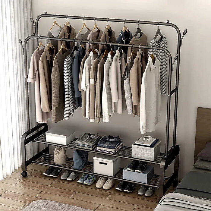 Heavy Duty Freestanding Hanger Metal Clothes Rack, Double-Rail Garment Rack with Shelves Minimalism Coat Rack