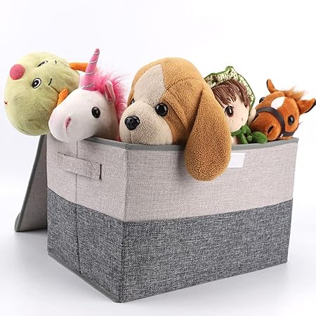 2 Pack Foldable Storage Cube Bins Boxes with Lids and Handles Baskets Linen Organizers Stackable Box 29L,  (Gray + Beige)