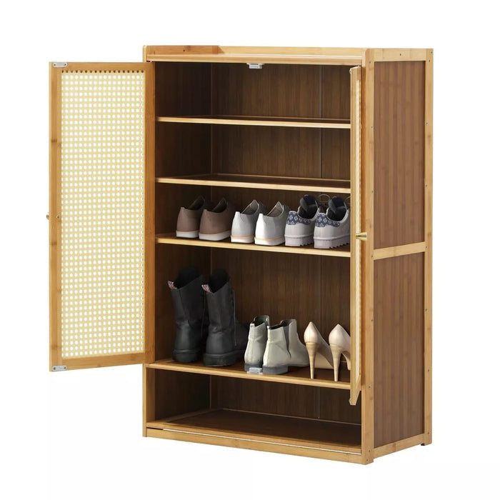 Shoe Storage Cabinet Shoes Rack Organiser Shelf 2 Doors Rattan Brown