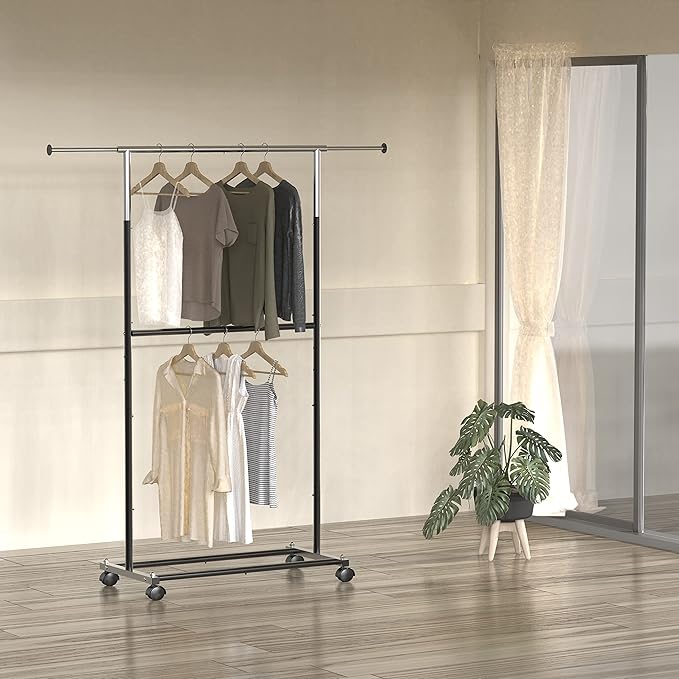 SimpleHouseware Double Rod Garment Rack, Black