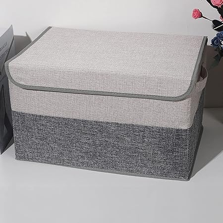 2 Pack Foldable Storage Cube Bins Boxes with Lids and Handles Baskets Linen Organizers Stackable Box 29L,  (Gray + Beige)