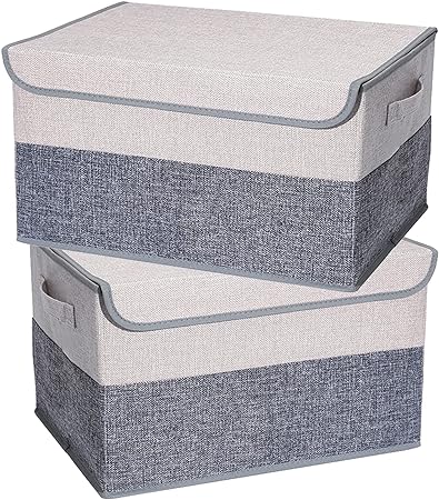 2 Pack Foldable Storage Cube Bins Boxes with Lids and Handles Baskets Linen Organizers Stackable Box 29L,  (Gray + Beige)