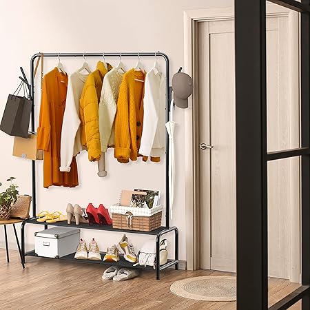 Garment Rack with Storage Shelves and Coat/Hat Hanging Hooks