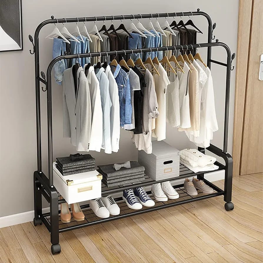 Heavy Duty Freestanding Hanger Metal Clothes Rack Double Rail Garment Dingo Dealz