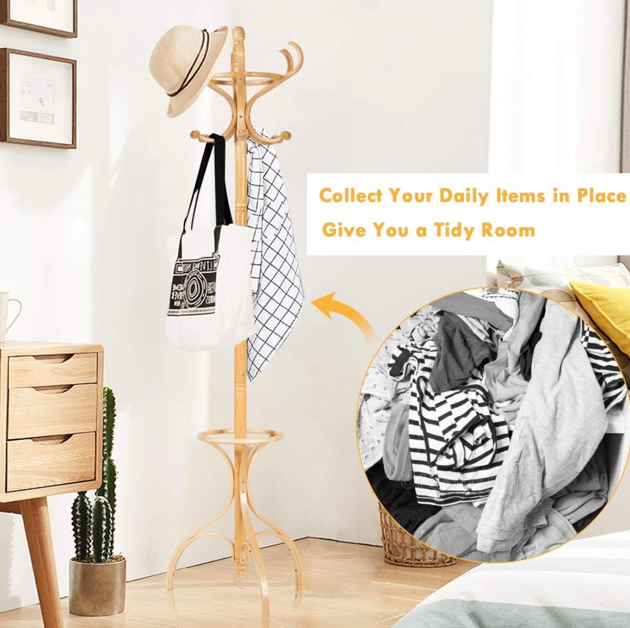 Coat Stand w/ Umbrella Holder & 12 Hooks, 360°Rotating Top Tier, Sturdy Triangle Construction, Hat & Clothes Storage,180CM (Oak)