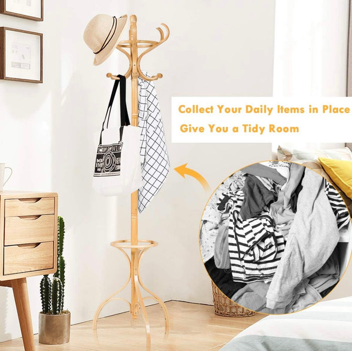 Coat Stand w/ Umbrella Holder & 12 Hooks, 360°Rotating Top Tier, Sturdy Triangle Construction, Hat & Clothes Storage,180CM (Oak)