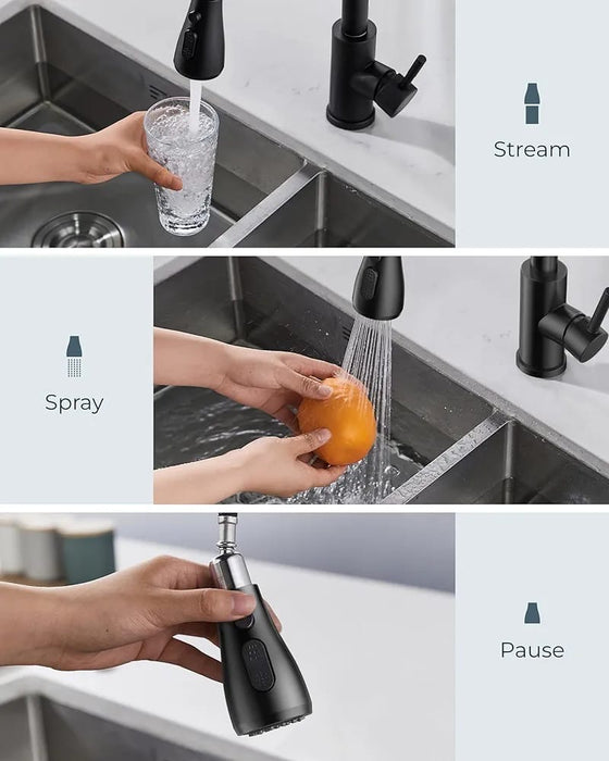 Kitchen Sink Taps Mixer with Pull Out Spray, Swivel Single Handle High Arc Pull Down Stainless Steel Kitchen Tap, Matte Black