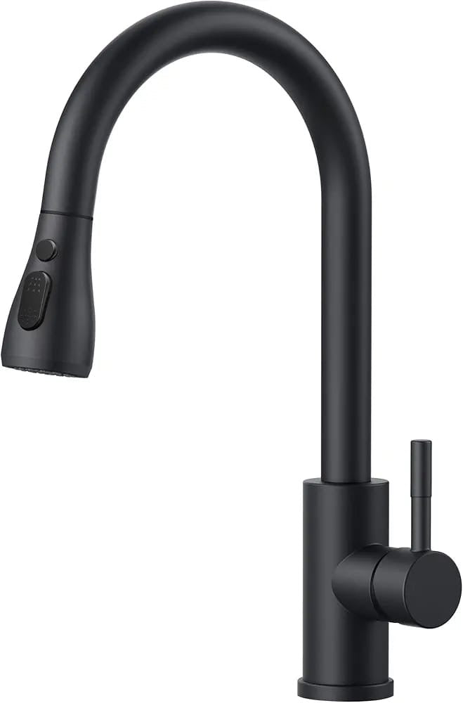 Kitchen Sink Taps Mixer with Pull Out Spray, Swivel Single Handle High Arc Pull Down Stainless Steel Kitchen Tap, Matte Black