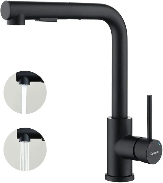 Kitchen Mixer Taps L-Shape Pull Out Laundry Mixer Tap 360° Swivel Sink Faucet 2-Mode Sprayer Lead-Free (Matt Black)