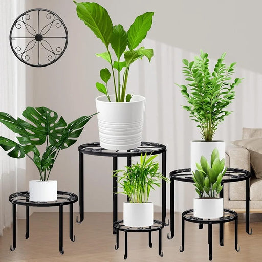 5 Pack Metal Plant Stand for Outdoor Indoor Plants, Heavy Duty Flower Pot Stands Multiple Plant, Rustproof Iron Round Shelf Planter, Potted Holder Garden Home (Black)