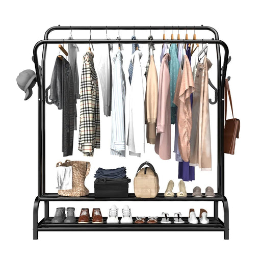 Portable Clothes Coat Garment Hanging Rack Shoe Storage Shelf Organizer Hanger, Black & white