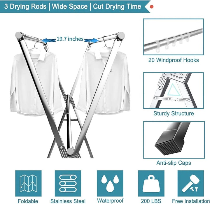 2.4m Clothes Drying Rack, Drying Rack Clothing Folding Indoor Outdoor,Garment Rack with 20 Windproof Hooks