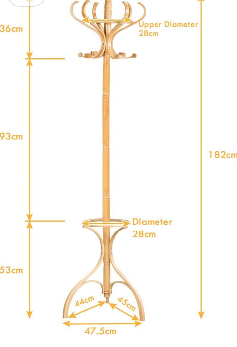 Coat Stand w/ Umbrella Holder & 12 Hooks, 360°Rotating Top Tier, Sturdy Triangle Construction, Hat & Clothes Storage,180CM (Oak)