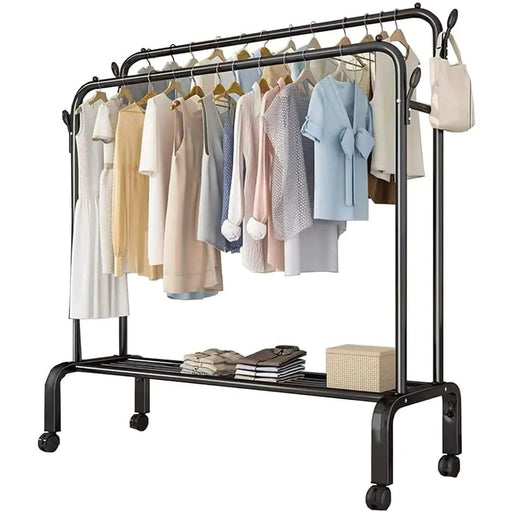 Portable Clothes Coat Garment Hanging Rack Shoe Storage Shelf Organizer Hanger, Black & white