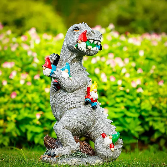 Garden Statue Dinosaur Eating Gnomes Ornament Patio Indoor Outdoor Decor 6inch