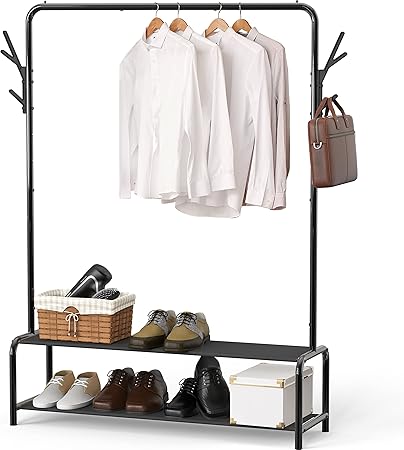 Garment Rack with Storage Shelves and Coat/Hat Hanging Hooks