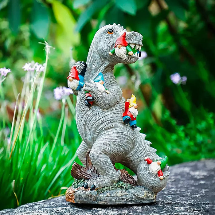 Garden Statue Dinosaur Eating Gnomes Ornament Patio Indoor Outdoor Decor 6inch