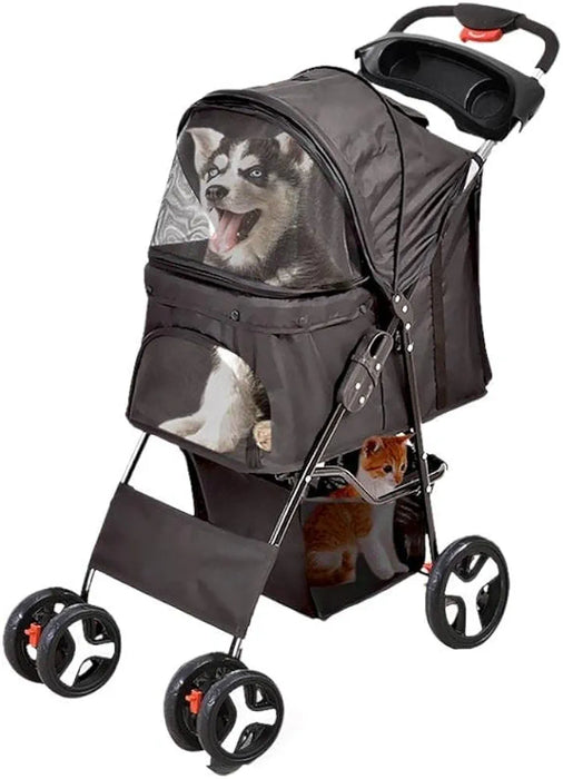 4 Wheels Pet Stroller Dog Cat Cage Puppy Pushchair Travel Walk Carrier Pram Black, Collapsible for Storage Travel Pet Pram