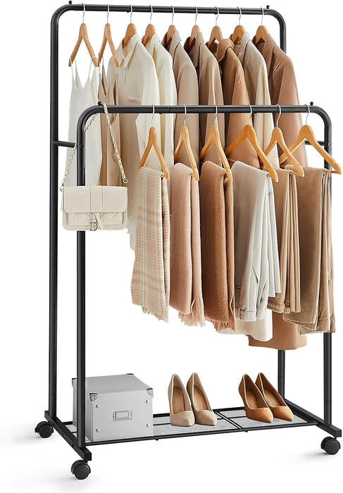 Double-Rod Clothes Rack with Wheels,Garment Rack with Mesh Shelf, Each Rod Holds up to 66 lb, for Bags, Shoes