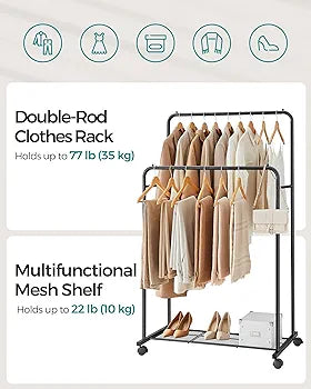 Double-Rod Clothes Rack with Wheels,Garment Rack with Mesh Shelf, Each Rod Holds up to 66 lb, for Bags, Shoes