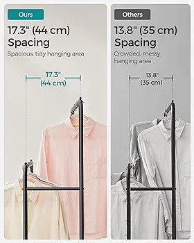 Double-Rod Clothes Rack with Wheels,Garment Rack with Mesh Shelf, Each Rod Holds up to 66 lb, for Bags, Shoes