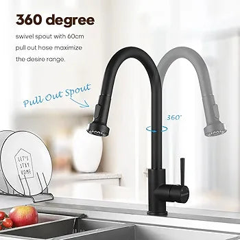 Kitchen Taps Pull Out 2-Mode Spray Basin Mixer Tap 360° Swivel Laundry Sink Faucet (Matt Black)