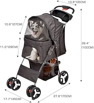 4 Wheels Pet Stroller Dog Cat Cage Puppy Pushchair Travel Walk Carrier Pram Black, Collapsible for Storage Travel Pet Pram