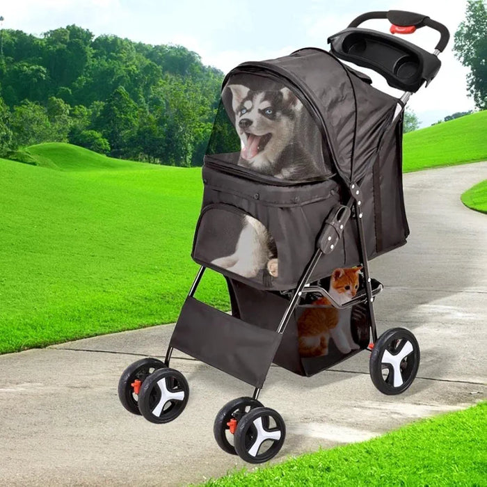 4 Wheels Pet Stroller Dog Cat Cage Puppy Pushchair Travel Walk Carrier Pram Black, Collapsible for Storage Travel Pet Pram