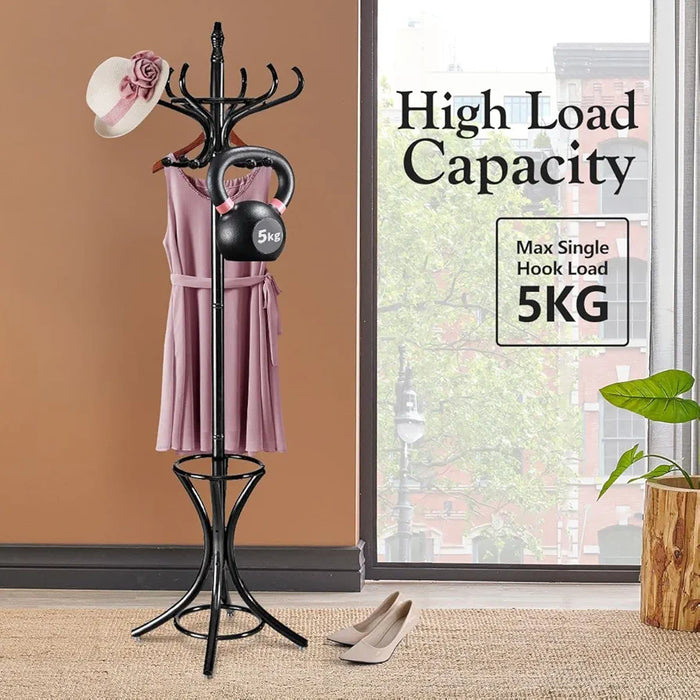 Solid Wood Coat Rack Stand Clothes Hat Hanger 12 Hooks Umbrella Hall Tree Organiser Storage Walnut Black