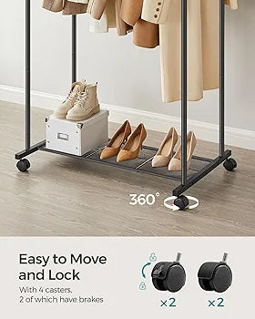 Double-Rod Clothes Rack with Wheels,Garment Rack with Mesh Shelf, Each Rod Holds up to 66 lb, for Bags, Shoes