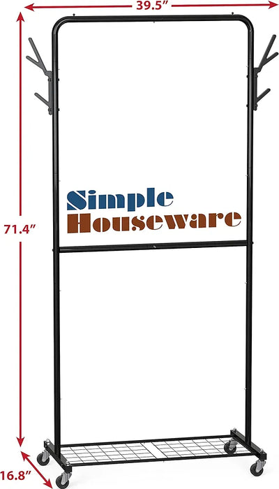 Double Rod Garment Rack With Wheels and Hooks, Black