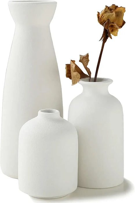 Set of 3 Modern Nordic Ceramic vases in Matte White Finish,Minimalist Decorative Vases for Living Room Bookshelf Table Centerpiece Entrance Decor