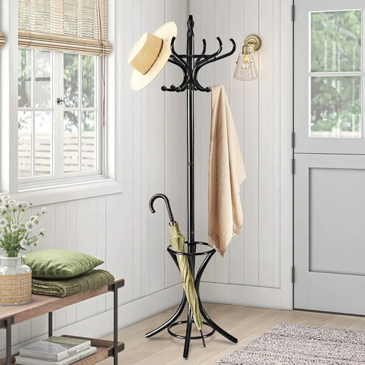 Solid Wood Coat Rack Stand Clothes Hat Hanger 12 Hooks Umbrella Hall Tree Organiser Storage Walnut Black