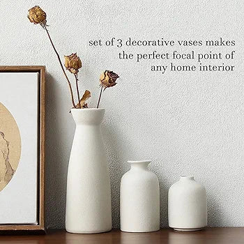 Set of 3 Modern Nordic Ceramic vases in Matte White Finish,Minimalist Decorative Vases for Living Room Bookshelf Table Centerpiece Entrance Decor