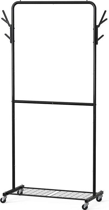 Double Rod Garment Rack With Wheels and Hooks, Black