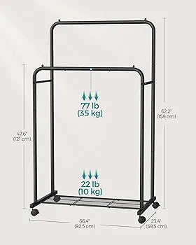 Double-Rod Clothes Rack with Wheels,Garment Rack with Mesh Shelf, Each Rod Holds up to 66 lb, for Bags, Shoes